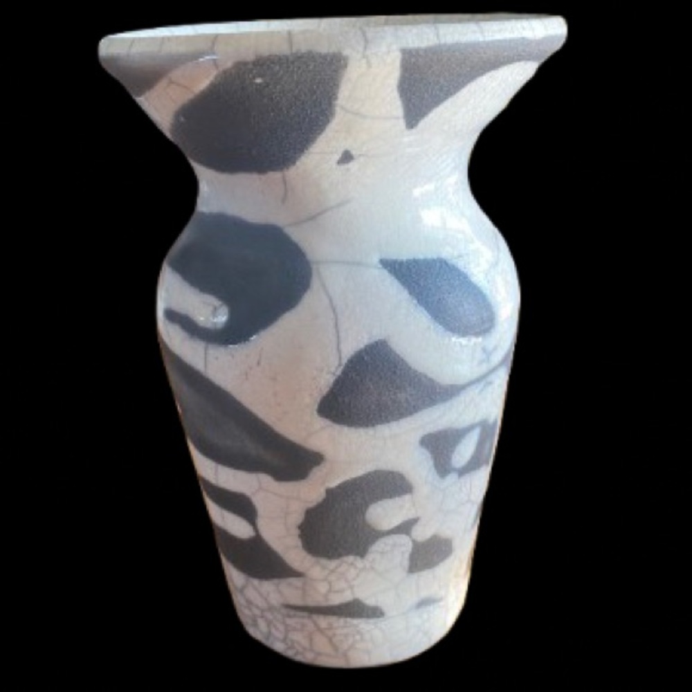 Handmade Pottery Raku Vase Vintage MCM Stoneware 6.5” Matte Crackle Glaze Signed
